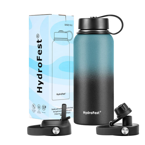 Water Bottle 32 oz, HydroFest 1 Liter water bottle, Wide Mouth Double Wall Insulated Water Bottles w/ Straw lid, Spout Lid & Flex Cap, BPA Free & Leak Proof Metal Thermo Canteen Mug (Blue/ Black)