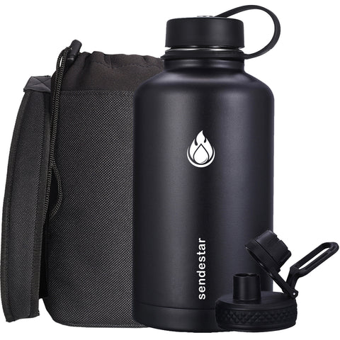 SENDESTAR Stainless Steel Water Bottle-64oz with 2lids (Spout Lid) Keeps Liquids Hot or Cold with Double Wall Vacuum Insulated Bottle (64 oz-Black)