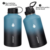 SENDESTAR 64 oz Water Bottle Double Wall Vacuum Insulated Leak Proof Stainless Steel Beer Growler +2 Lids—Wide Mouth with Flat Cap & Spout Lid Includes Water Bottle Pouch (Dark Blue&Black)