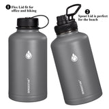 SENDESTAR 64 oz Water Bottle Double Wall Vacuum Insulated Leak Proof Stainless Steel Beer Growler +2 Lids—Wide Mouth with Flat Cap & Spout Lid Includes Water Bottle Pouch (Gray)