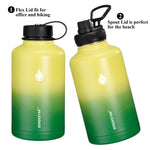 SENDESTAR 64 oz Water Bottle Double Wall Vacuum Insulated Leak Proof Stainless Steel Beer Growler +2 Lids—Wide Mouth with Flat Cap & Spout Lid Includes Water Bottle Pouch (Yellow&Green)