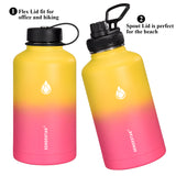 SENDESTAR 64 oz Water Bottle Double Wall Vacuum Insulated Leak Proof Stainless Steel Beer Growler +2 Lids—Wide Mouth with Flat Cap & Spout Lid Includes Water Bottle Pouch (Yellow&Pink)