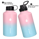 SENDESTAR 64 oz Water Bottle Double Wall Vacuum Insulated Leak Proof Stainless Steel Beer Growler +2 Lids—Wide Mouth with Flat Cap & Spout Lid Includes Water Bottle Pouch (Peach&Light Blue)