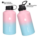 SENDESTAR 64 oz Water Bottle Double Wall Vacuum Insulated Leak Proof Stainless Steel Beer Growler +2 Lids—Wide Mouth with Flat Cap & Spout Lid Includes Water Bottle Pouch (Peach&Light Blue)