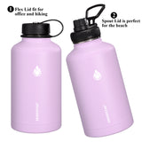 SENDESTAR 64 oz Water Bottle Double Wall Vacuum Insulated Leak Proof Stainless Steel Beer Growler +2 Lids—Wide Mouth with Flat Cap &amp; Spout Lid Includes Water Bottle Pouch (Lilac)