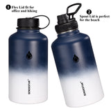 SENDESTAR 64 oz Water Bottle Double Wall Vacuum Insulated Leak Proof Stainless Steel Beer Growler +2 Lids—Wide Mouth with Flat Cap & Spout Lid Includes Water Bottle Pouch (Blue&White)