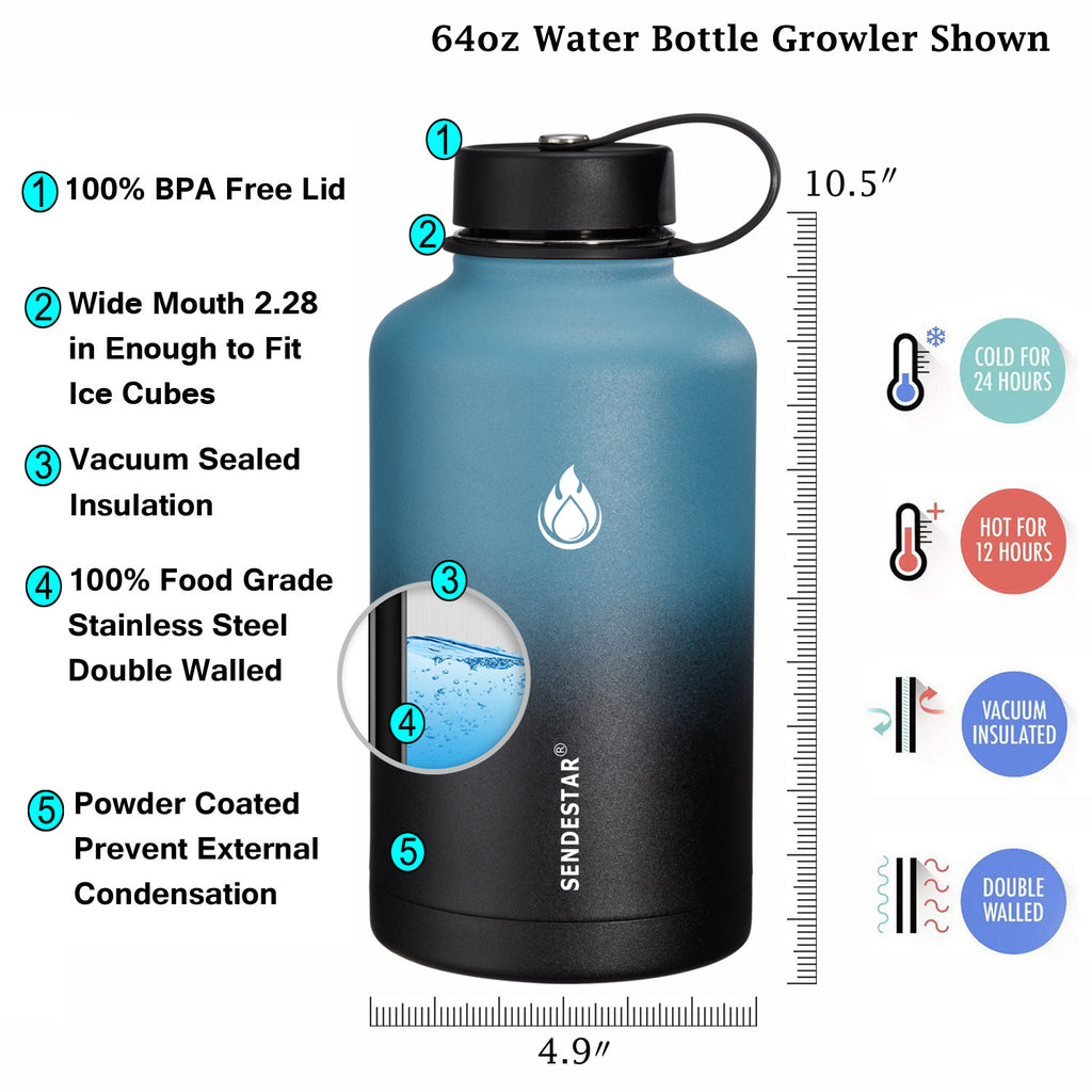 SENDESTAR Water Bottle 32oz-64 oz,2 Lids(Straw lid),Wide Mouth Stainle –  sendestar