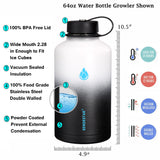 SENDESTAR 64 oz Water Bottle Double Wall Vacuum Insulated Leak Proof Stainless Steel Beer Growler +2 Lids—Wide Mouth with Flat Cap & Spout Lid Includes Water Bottle Pouch (Day&Night)