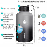 SENDESTAR 64 oz Water Bottle Double Wall Vacuum Insulated Leak Proof Stainless Steel Beer Growler +2 Lids—Wide Mouth with Flat Cap & Spout Lid Includes Water Bottle Pouch