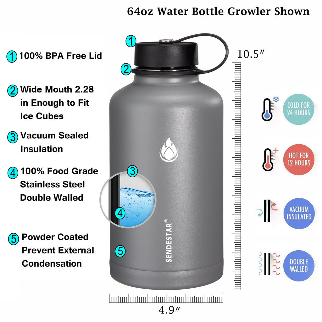 SENDESTAR Water Bottle 32oz-64 oz,2 Lids(Straw lid),Wide Mouth