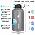 SENDESTAR 64 oz Water Bottle Double Wall Vacuum Insulated Leak Proof Stainless Steel Beer Growler +2 Lids—Wide Mouth with Flat Cap & Spout Lid Includes Water Bottle Pouch (Gray)