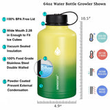 SENDESTAR 64 oz Water Bottle Double Wall Vacuum Insulated Leak Proof Stainless Steel Beer Growler +2 Lids—Wide Mouth with Flat Cap & Spout Lid Includes Water Bottle Pouch (Yellow&Green)