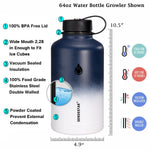 SENDESTAR 64 oz Water Bottle Double Wall Vacuum Insulated Leak Proof Stainless Steel Beer Growler +2 Lids—Wide Mouth with Flat Cap & Spout Lid Includes Water Bottle Pouch (Blue&White)