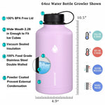 SENDESTAR 64 oz Water Bottle Double Wall Vacuum Insulated Leak Proof Stainless Steel Beer Growler +2 Lids—Wide Mouth with Flat Cap &amp; Spout Lid Includes Water Bottle Pouch (Lilac)