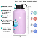 SENDESTAR 64 oz Water Bottle Double Wall Vacuum Insulated Leak Proof Stainless Steel Beer Growler +2 Lids—Wide Mouth with Flat Cap &amp; Spout Lid Includes Water Bottle Pouch (Lilac)