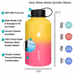 SENDESTAR 64 oz Water Bottle Double Wall Vacuum Insulated Leak Proof Stainless Steel Beer Growler +2 Lids—Wide Mouth with Flat Cap & Spout Lid Includes Water Bottle Pouch (Yellow&Pink)