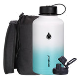 SENDESTAR 64 oz Water Bottle Double Wall Vacuum Insulated Leak Proof Stainless Steel Beer Growler +2 Lids—Wide Mouth with Flat Cap & Spout Lid Includes Water Bottle Pouch (White&Teal)