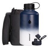 SENDESTAR 64 oz Water Bottle Double Wall Vacuum Insulated Leak Proof Stainless Steel Beer Growler +2 Lids—Wide Mouth with Flat Cap & Spout Lid Includes Water Bottle Pouch (Blue&White)