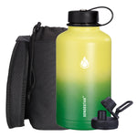 SENDESTAR 64 oz Water Bottle Double Wall Vacuum Insulated Leak Proof Stainless Steel Beer Growler +2 Lids—Wide Mouth with Flat Cap & Spout Lid Includes Water Bottle Pouch (Yellow&Green)