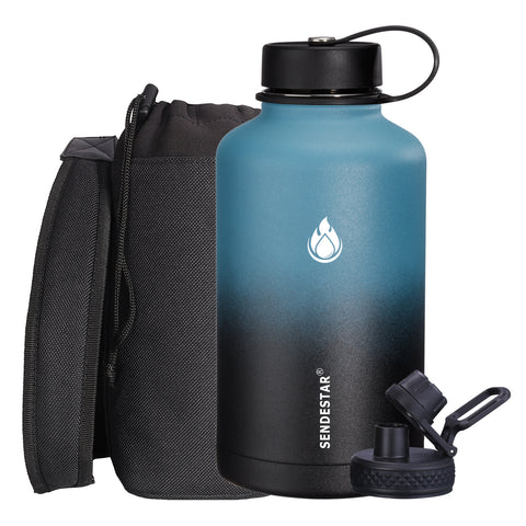 SENDESTAR 64 oz Water Bottle Double Wall Vacuum Insulated Leak Proof Stainless Steel Beer Growler +2 Lids—Wide Mouth with Flat Cap & Spout Lid Includes Water Bottle Pouch (Dark Blue&Black)