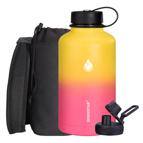 SENDESTAR 64 oz Water Bottle Double Wall Vacuum Insulated Leak Proof Stainless Steel Beer Growler +2 Lids—Wide Mouth with Flat Cap & Spout Lid Includes Water Bottle Pouch (Yellow&Pink)