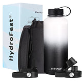 HydroFest Half Gallon Water Bottle with Straw Lid, Wide Mouth Water Bottle Double Wall Insulated Stainless Steel Thermos Water Flask with Straw and Bottle Holder,Simple Thermos Canteen Mug-Day&Night