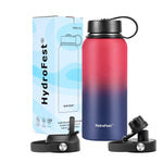 HydroFest Metal Water Bottle, Insulated Water Bottle 32 oz w/ Straw lid, Spout Lid & Flex Cap, Wide Mouth Double Wall Vacuum Insulated 18/8 Stainless Steel Leakproof Water Flask (Red/Blue)
