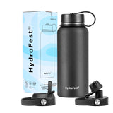 HydroFest Water Bottle, Black Water Bottle 32 oz Straw lid, Spout Lid & Flex Cap, Wide Mouth Double Wall Vacuum Insulated 18/8 Stainless Steel Leakproof Water Flask, Cold for 48 Hrs Hot for 24 Hrs