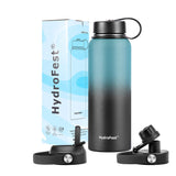 HydroFest Insulated Water Bottle, Metal Water Bottle 40 oz with Straw lid Spout lid and Flex Cap, Wide Mouth Double Wall Water Bottles, Cold for 48 Hrs Hot for 24 Hrs Thermo Canteen Mug (Blue/Black)