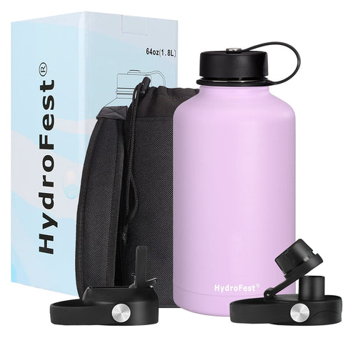 HydroFest Stainless Steel Water Bottle, 64 oz Water Bottle with Straw lid, Spout Lid & Flex Cap,3 lids Available, Wide Mouth Water Bottle Double Wall Insulated Water flask with Bottle Holder-Lavender