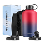 HydroFest 64 oz Water Bottle, Metal Water Bottle with Straw Lid, Half Gallon Water Bottle Insulated with Bottle Holder, Cold for 48 Hrs Hot for 24 Hrs, BPA Free & Leak-proof Water Flask (Red &Blue)