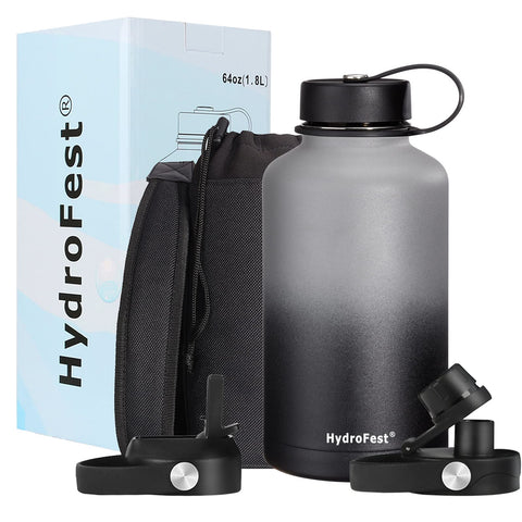 HydroFest Sports Water Bottle, 64oz Water Bottle with Straw Lid, Spout Lid & Flex Cap, Half Gallon Water Bottle with Bottle Holder, Simple Thermos Canteen Mug,BPA-Free-Gray&Night