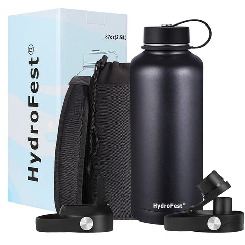 HydroFest Water Bottle, Insulated Water Bottle with Straw lid Large Jug,water bottle with Bottle Holder, Metal Water bottle Keeps Water Cold All Day,Half Gallon Water Bottle with straw, BPA Free-Black