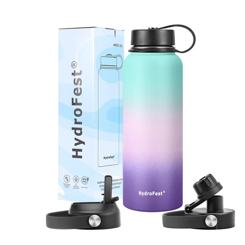 HydroFest Water Bottles with Straw, 40 oz Water Bottle Insulated W/ Leakproof Straw lid,Wide Mouth Double Wall Metal Thermo Canteen Mug with Straws and Brush (Hydrangea)