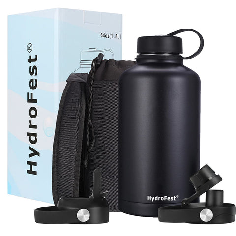 HydroFest Water Bottle, Insulated Water Bottle with Straw lid, 64 oz water bottle with Bottle Holder, Metal Water bottle Keeps Water Cold All Day,Half Gallon Water Bottle with straw, BPA Free - Black