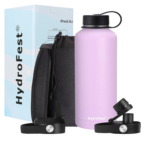 HydroFest Stainless Steel Water Bottle, Half Gallon Water Bottle with Straw lid, Spout Lid & Flex Cap (3 lids), Wide Mouth Water Bottle Double Wall Insulated Water flask with Bottle Holder-Lavender