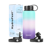 HydroFest Insulated Water Bottles,32 Ounce Water Bottle w/ Straw lid, Spout Lid & Flex Cap, Wide Mouth Double Wall Vacuum Insulated 18/8 Stainless Steel Leakproof Water Flask (Hydrangea)