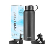 HydroFest 40 oz Water Bottle, Black Water Bottle with Straw, Wide Mouth Insulated Water Bottle W/ Straw lid, Spout Lid & Flex Cap, BPA Free & Leak Proof Metal Thermo Canteen Mug (Black)