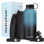 HydroFest Metal Water Bottle,84 oz Half Gallon Water Bottle with Straw Lid, Stainless Steel Water Bottle with Bottle Holder, Simple Thermos Canteen Mug, Keep Cold for 48 Hrs Hot for 24 Hrs-Marin Cyan