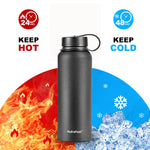 HydroFest Water Bottle, Black Water Bottle 32 oz Straw lid, Spout Lid & Flex Cap, Wide Mouth Double Wall Vacuum Insulated 18/8 Stainless Steel Leakproof Water Flask, Cold for 48 Hrs Hot for 24 Hrs
