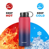 HydroFest Metal Water Bottle, Insulated Water Bottle 32 oz w/ Straw lid, Spout Lid & Flex Cap, Wide Mouth Double Wall Vacuum Insulated 18/8 Stainless Steel Leakproof Water Flask (Red/Blue)