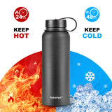 HydroFest 40 oz Water Bottle, Black Water Bottle with Straw, Wide Mouth Insulated Water Bottle W/ Straw lid, Spout Lid & Flex Cap, BPA Free & Leak Proof Metal Thermo Canteen Mug (Black)