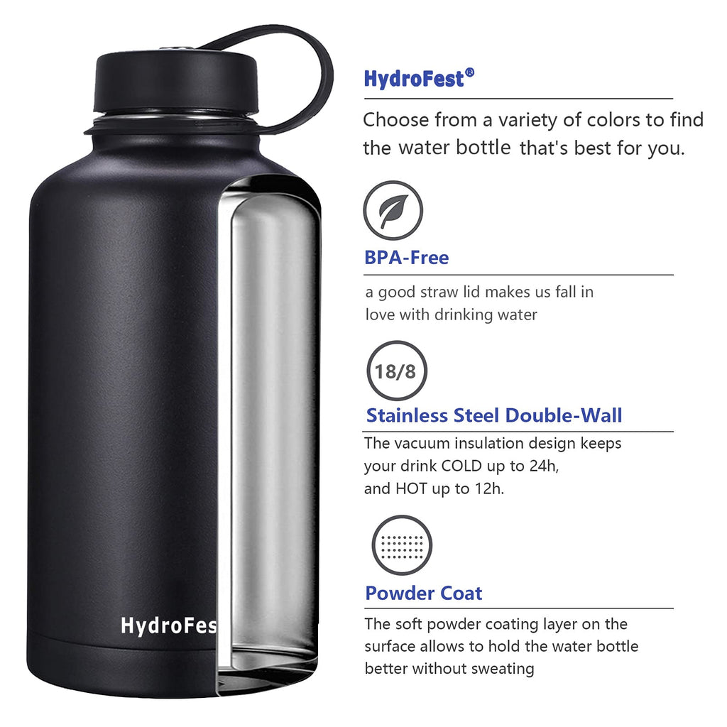 HydroFest 40 oz Water Bottle, Black Water Bottle with Straw, Wide Mouth  Insulated Water Bottle W/Straw lid, Spout Lid & Flex Cap, BPA Free & Leak