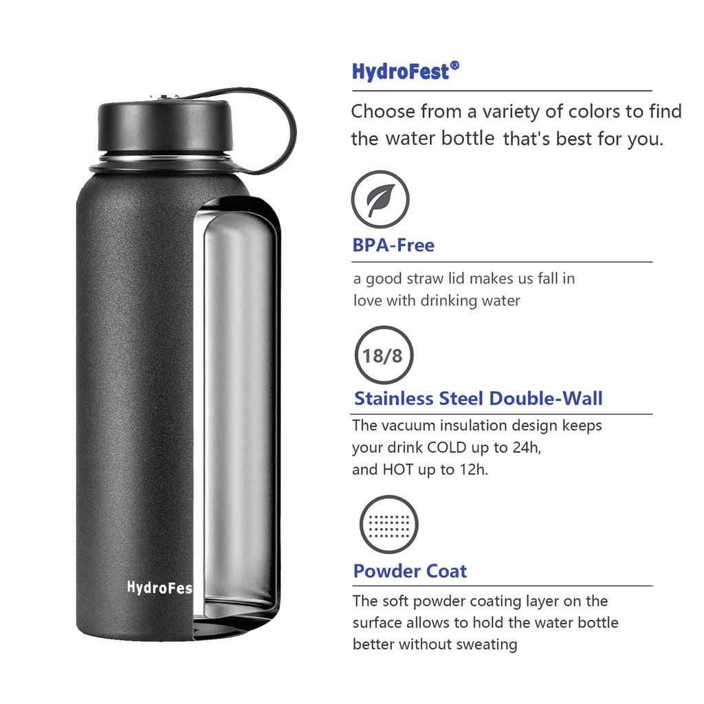 Hydro Flask Vacuum Insulated Stainless Steel Water Bottle Wide Mouth with  Straw Lid (Black, 40-Ounce)