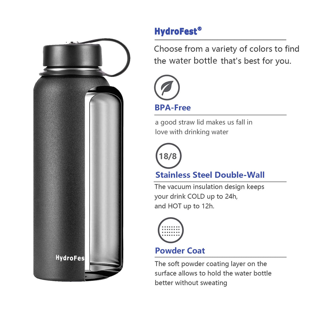 Hydro Flask 40 oz Double Wall Vacuum Insulated Stainless Steel Leak Proof Sports Water Bottle, Wide Mouth with BPA Free Flex Cap, Black