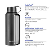 HydroFest 40 oz Water Bottle, Black Water Bottle with Straw, Wide Mouth Insulated Water Bottle W/ Straw lid, Spout Lid & Flex Cap, BPA Free & Leak Proof Metal Thermo Canteen Mug (Black)