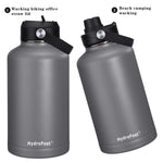 HydroFest Water Bottle with Straw Lid Sport Lid & Flex Cap,64 oz Wide Mouth Double Wall Insulated Stainless Steel Thermos Water Bottle with Straw and Bottle Holder,Cold for 48 Hrs Hot for 24 Hrs-Gray